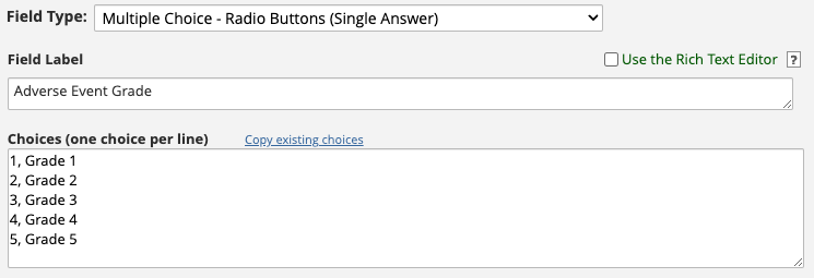 REDCap field editor showing the choices of a single-answer field