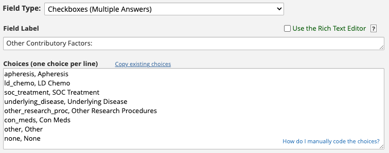REDCap field editor showing the choices of a multi-answer field