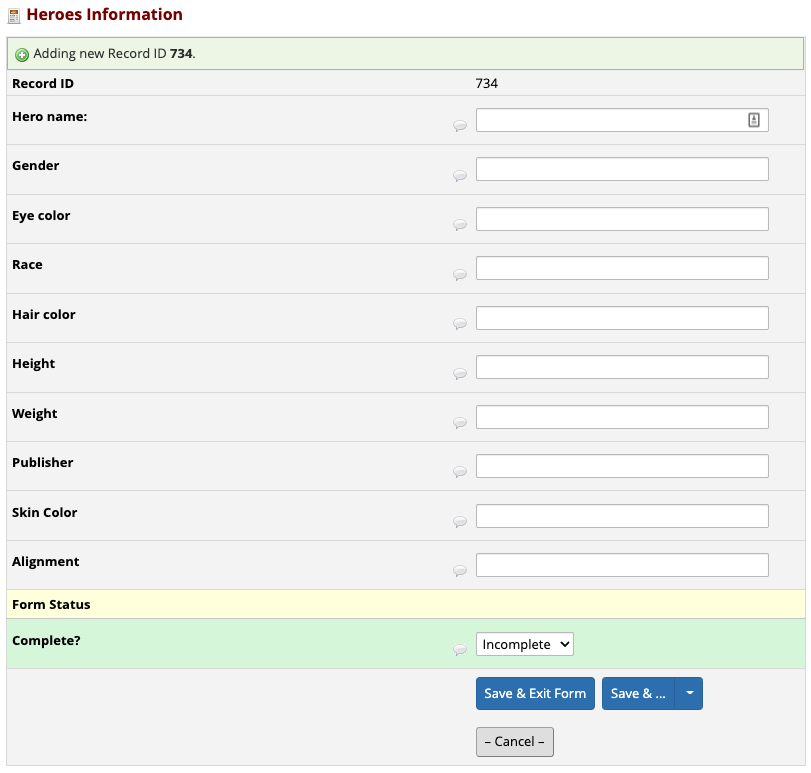 REDCap data entry view of the heroes_information instrument