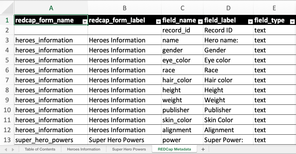 REDCap Metadata sheet of superheroes.xlsx